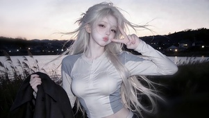 日暮芦苇地少女