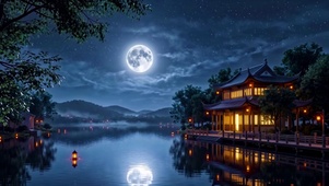 平湖月夜水榭