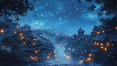 蓝调云雾古城森林村庄