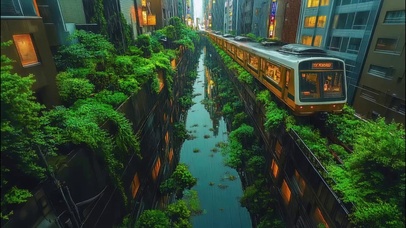 城市河流傍晚快速列车