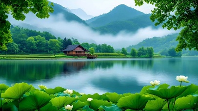 绿色护眼云雾缭绕山水