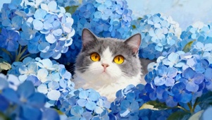 绣球花丛中的猫咪