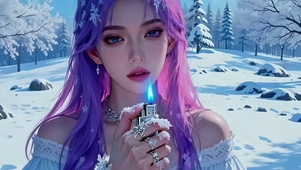 雪地打火取暖的紫发美女1