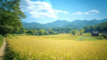 蓝天金黄乡村稻田小径