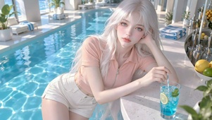 泳池边银发清纯美女