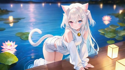 夜晚河畔猫耳白发美少女
