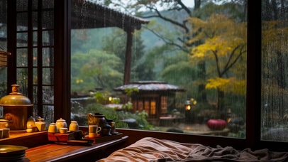 木屋外的雨景