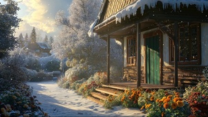 阳光雪天木屋