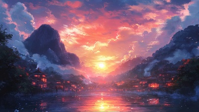 晚霞落日山林水乡古城