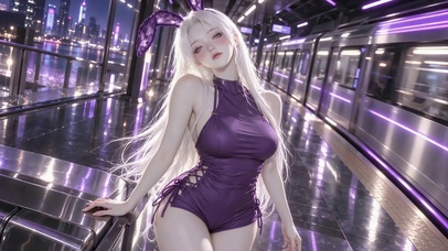 车站紫裙兔耳少女