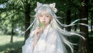 林间白发猫耳古风少女
