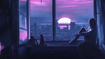 日落雨天窗边少女