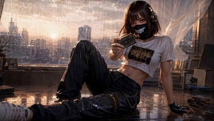 雨窗耳机少女