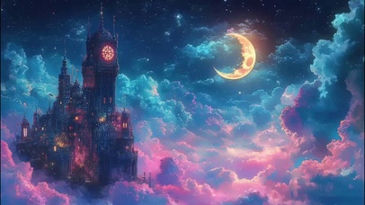 弯月云彩云雾古堡建筑