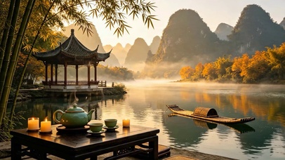 秋天山水亭子