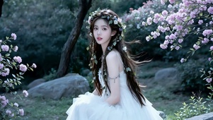 绿野花间戴花环的美女