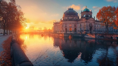 落日欧式建筑河畔