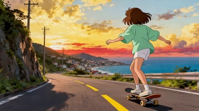 晚霞海边滑板女孩