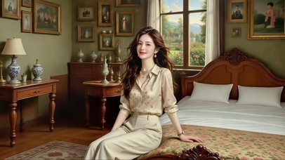 古典卧室里坐在床边的长发美女