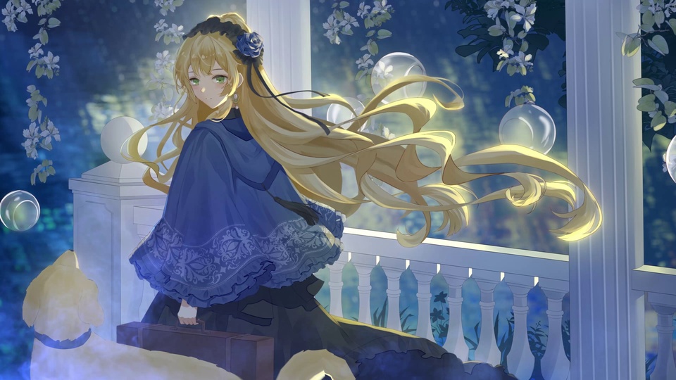 蓝调夜里，金发少女站在带雕花栏杆的白色露台上，长发飘拂，金毛犬在旁，透明气泡四散浮动。