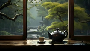 古风雨天绿景茶座