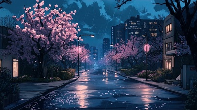 樱花雨天城市夜景街道