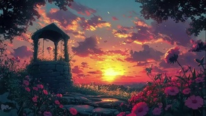 晚霞森林花海古井风景