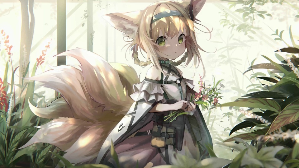 林间持花的狐耳金发少女