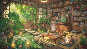 日式屋舍的池边休闲时光