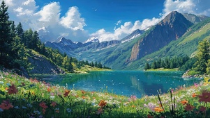 唯美晴天高山湖泊花海