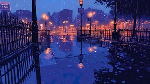 城市公园紫色雨夜倒影