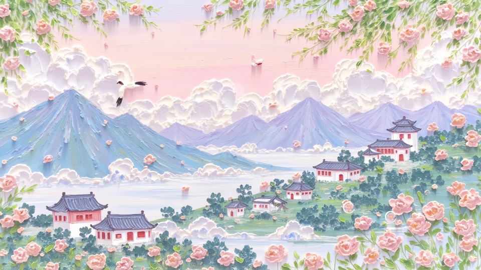 国风厚涂春日山水画面，浅蓝天空下分布浮雕质感粉色花卉，数只白色飞鸟展翅，错落排布中式白墙红窗黑瓦建筑，以淡粉、柔绿、淡紫、浅蓝为主色调。