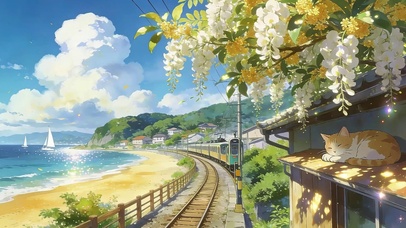 蓝天白云树木海景