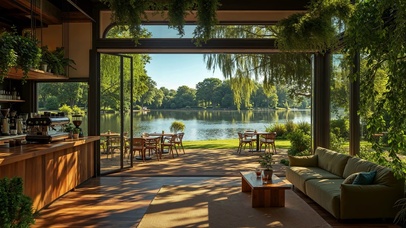 阳光湖岸柳下景