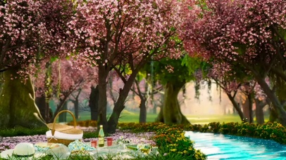 樱花树林溪边郊游