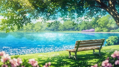 夏日湖边长椅