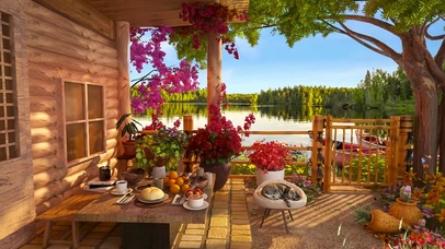 春天湖畔惬意木屋