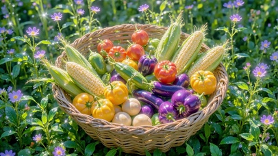 装满阳光的蔬菜竹篮