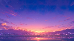 静谧晚霞河畔城市