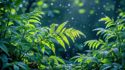雨后森林里的发光蕨叶