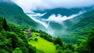 绿色云雾缭绕山峰