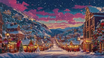 晚霞落日雪花圣诞小镇