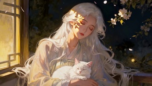 暖夜樱花白发古风美女抱猫