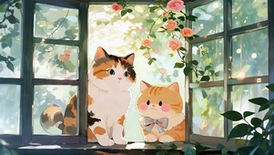 窗间两只橘猫