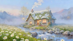 雪中草原河流小屋