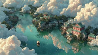 烟波浩瀚江南河岸古镇