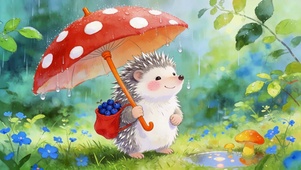 雨天可爱小刺猬的蘑菇伞
