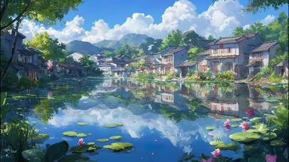 晴天治愈古城池塘倒影