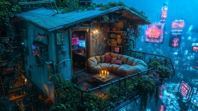 雨夜城市天台小屋