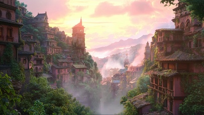 粉色朝霞云雾小镇